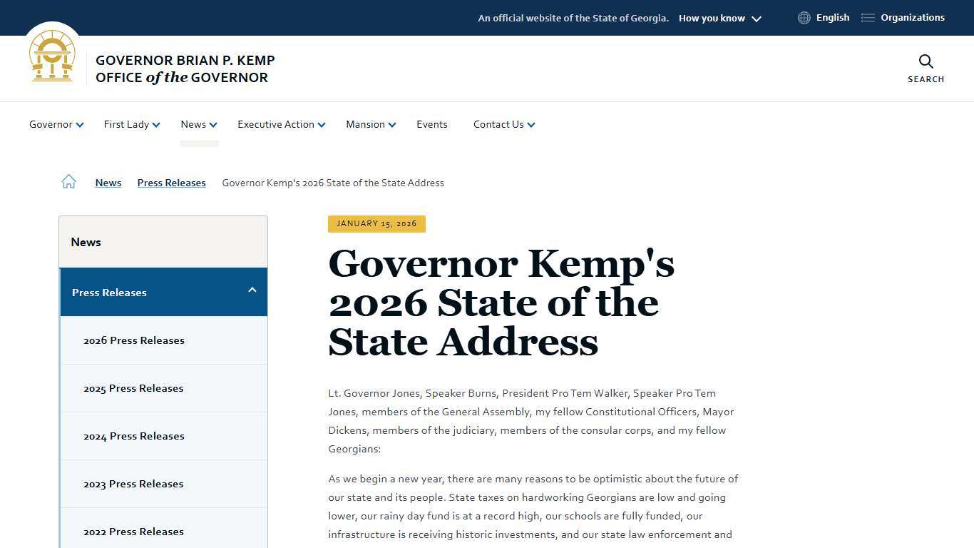 Governor Kemp's 2026 State of the State Address Governor Brian P. Kemp Office of the Governor